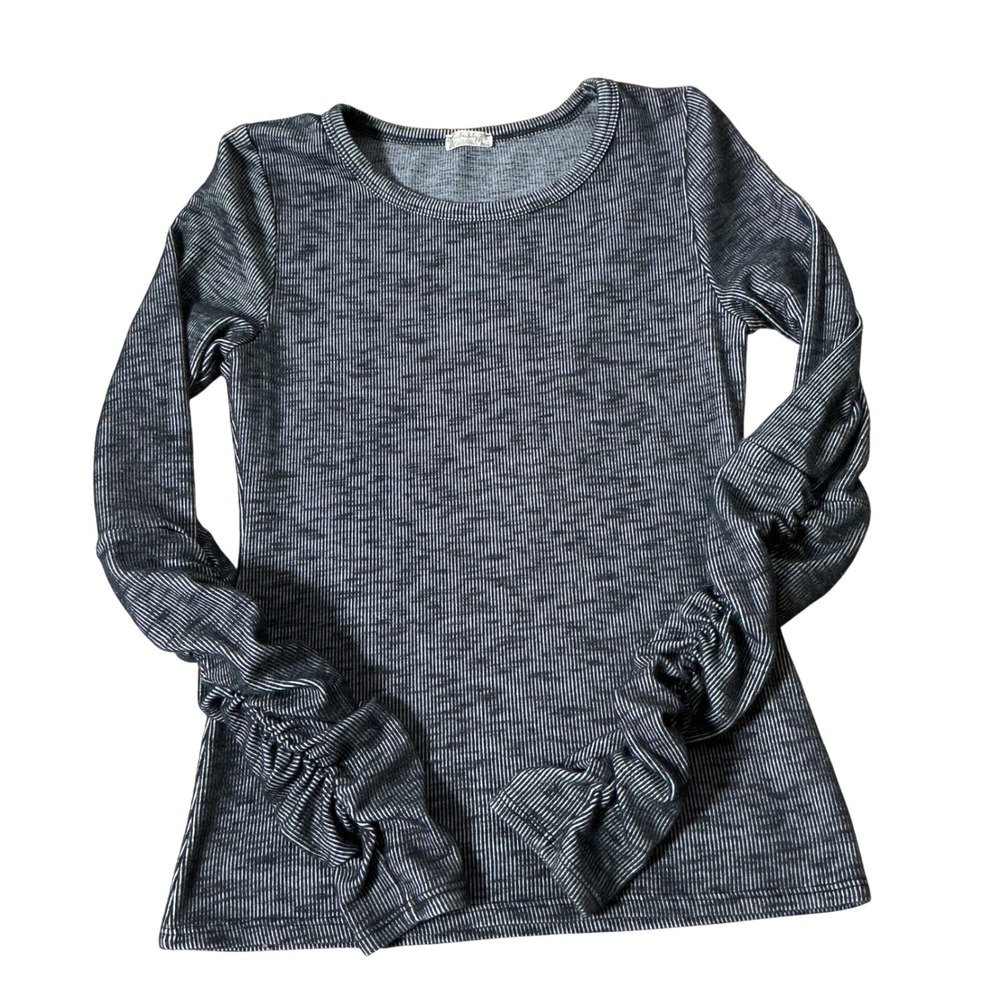 Free People Ruched Sleeve Striped Top Women Small Grey Space Dye Ribbed Knit Tee